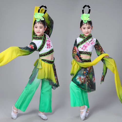 Children chinese folk dance costumes hanfu fairy water sleeves cosplay dresses yangko umbrella classical dance costume